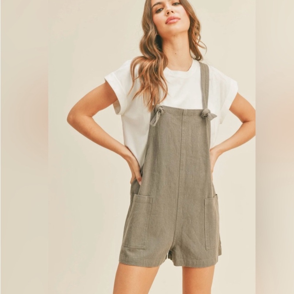 Washed Olive Tie-Strap Shortalls with Front Pockets